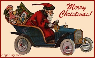 Click to get the codes for this image. Cute vintage graphic of santa clause in an old racecar. The comment reads: Merry Christmas!