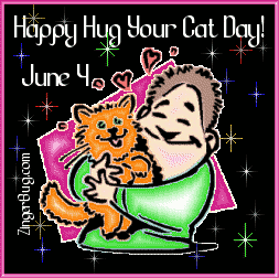 Click to get the codes for this image. Cute glitter graphic of a guy hugging a cat with the comment: Happy Hug Your Cat Day! June 4